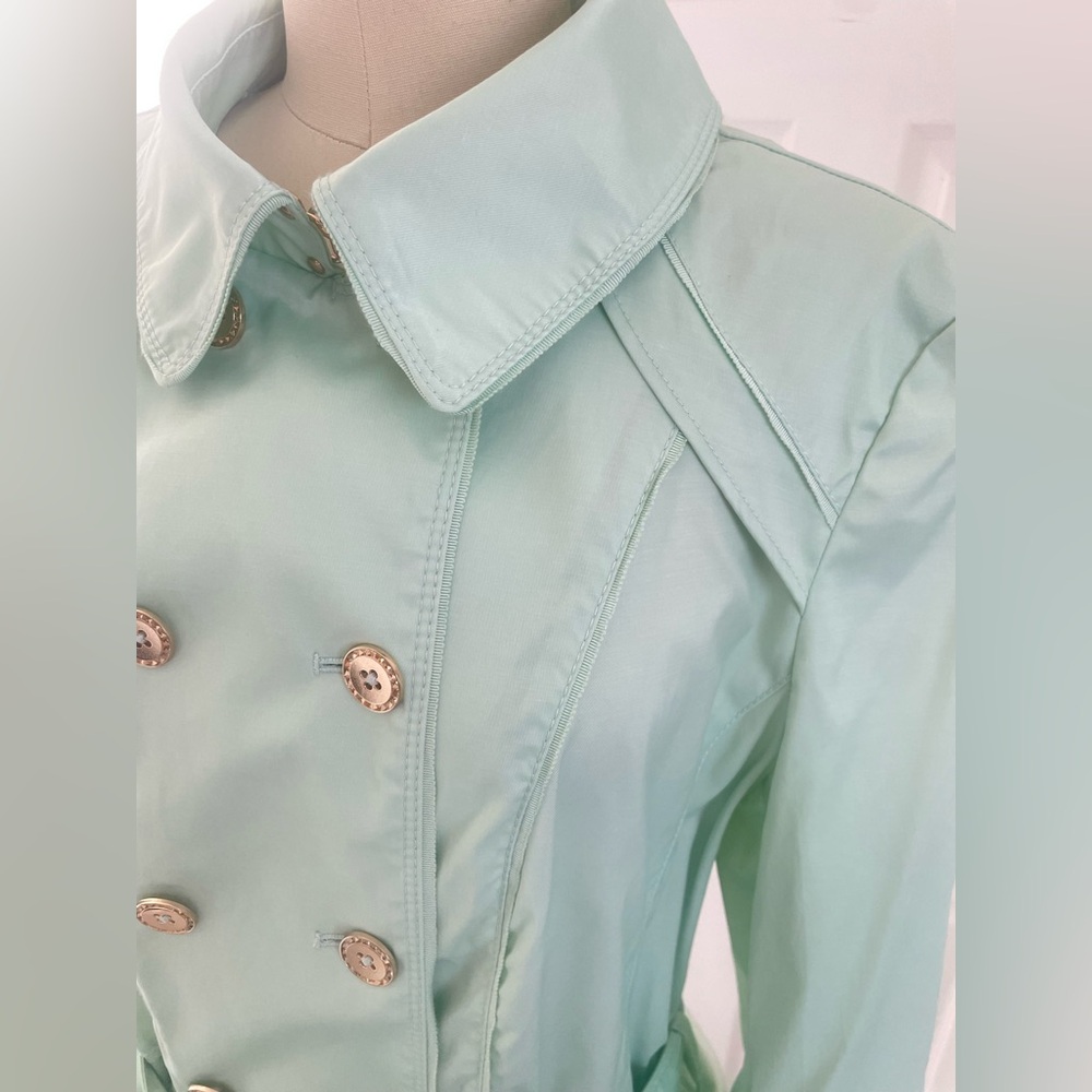 White House black market long sleeve double breasted ruffle, mint jacket. - Picture 7 of 16